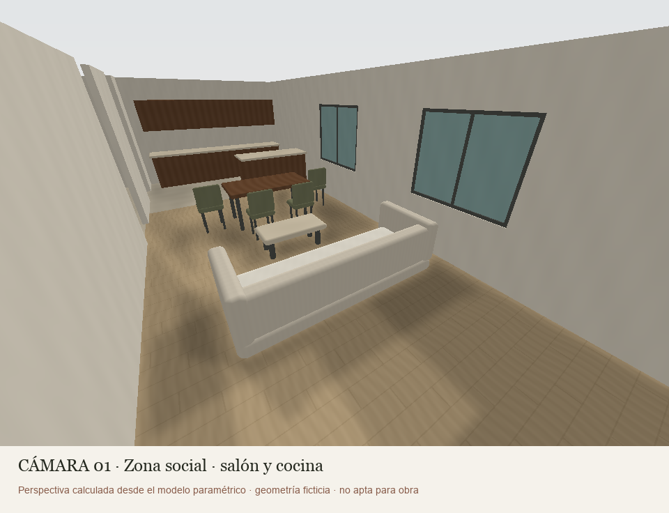 Cámara 01 del modelo paramétrico, zona social y cocina