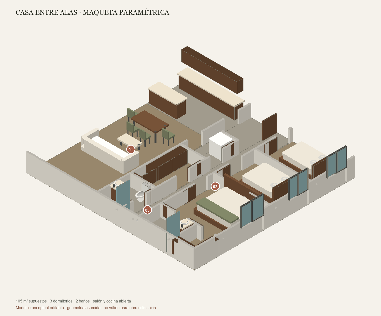 Maqueta axonométrica editable de Casa entre alas: ala social, núcleo de servicios y ala privada, generada desde el mismo archivo paramétrico que la planta