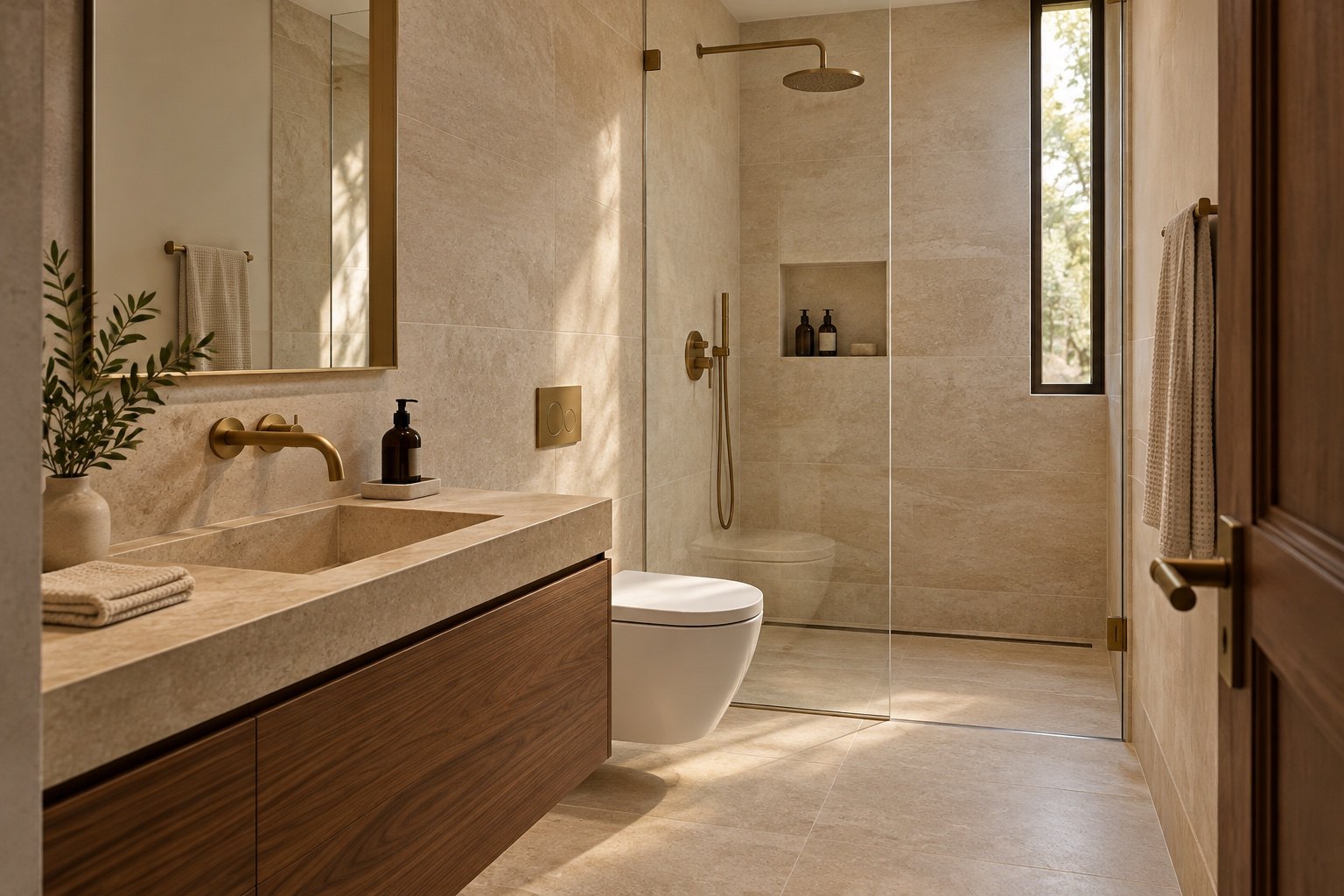 Visualización de concepto 03: baño común compacto con ducha, lavabo y acabados de caliza
