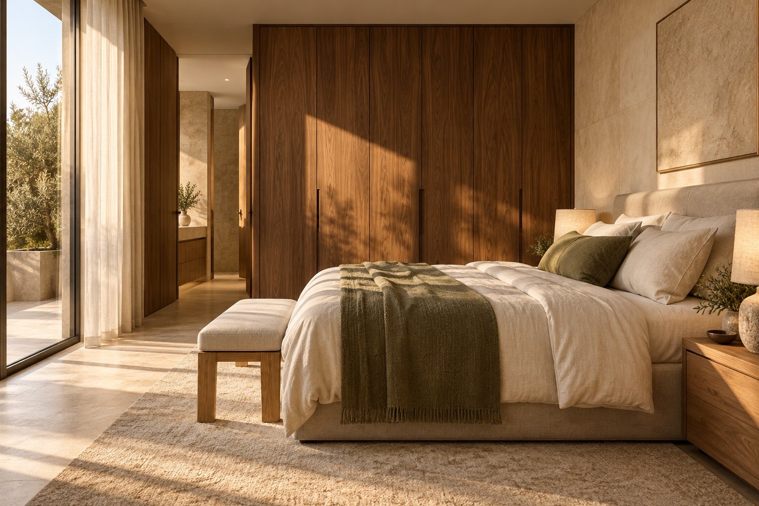 Visualización de concepto 02: dormitorio principal con armarios de nogal, roble y textiles oliva