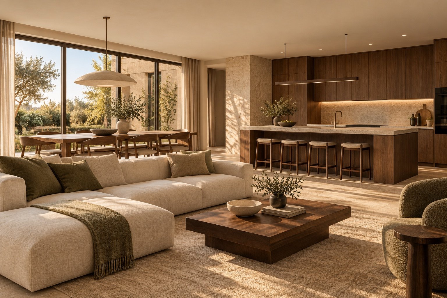 Visualización conceptual de Casa entre alas: salón-comedor conectado a cocina abierta