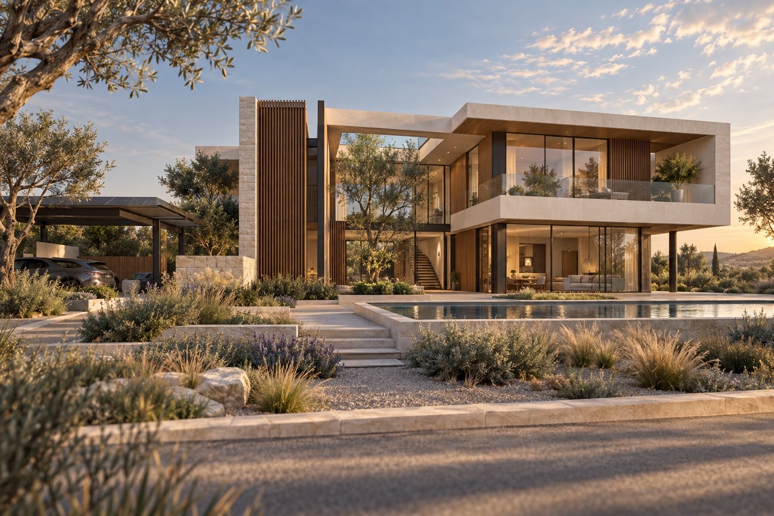 Visualización conceptual de una casa mediterránea futurista de dos plantas, con patios, celosías y volúmenes horizontales.